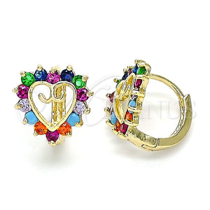 Argolla Huggie 02.210.0658.2.12 Oro Laminado, Diseño de Corazón, con Multicolor Zirconia Cubica, Pulido, Tono Dorado