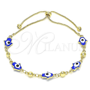 Pulsera Bolo Ajustable 03.213.0142.1.10 Oro Laminado, Diseño de Mano de Dios, Esmaltado Azul, Tono Dorado (01 MM Thickness, 10 Inches Length)