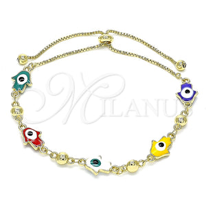 Pulsera Bolo Ajustable 03.213.0142.2.10 Oro Laminado, Diseño de Mano de Dios, Esmaltado Multicolor, Tono Dorado (01 MM Thickness, 10 Inches Length)
