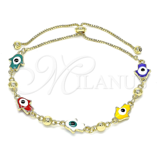 Pulsera Bolo Ajustable 03.213.0142.2.10 Oro Laminado, Diseño de Mano de Dios, Esmaltado Multicolor, Tono Dorado (01 MM Thickness, 10 Inches Length)