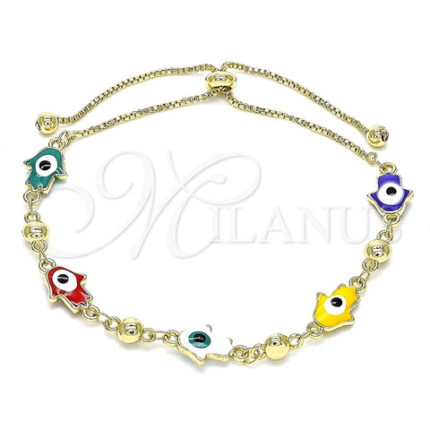 Pulsera Bolo Ajustable 03.213.0142.2.10 Oro Laminado, Diseño de Mano de Dios, Esmaltado Multicolor, Tono Dorado (01 MM Thickness, 10 Inches Length)