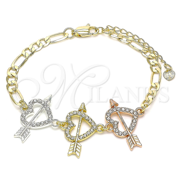 Pulsera Elegante 03.380.0123.07 Oro Laminado, Diseño de Corazón, con Blanca Cristal, Pulido, Tres Tonos (05 MM Thickness, 7 Inches Length)