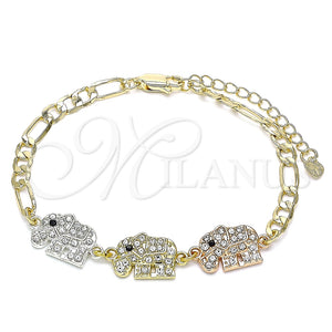 Pulsera Elegante 03.380.0124.07 Oro Laminado, Diseño de Elefante, con Blanca and Negro Cristal, Pulido, Tres Tonos (05 MM Thickness, 7 Inches Length)