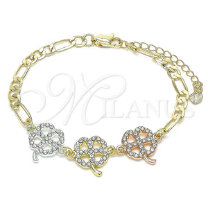 Pulsera Elegante 03.380.0125.07 Oro Laminado, Diseño de Trébol de Cuatro Hojas, con Blanca Cristal, Pulido, Tres Tonos (05 MM Thickness, 7 Inches Length)
