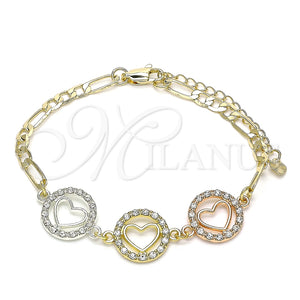 Pulsera Elegante 03.380.0126.08 Oro Laminado, Diseño de Corazón, con Blanca Cristal, Pulido, Tres Tonos (05 MM Thickness, 8 Inches Length)