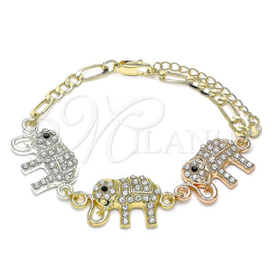 Pulsera Elegante 03.380.0129.07 Oro Laminado, Diseño de Elefante, con Blanca and Negro Cristal, Pulido, Tres Tonos (05 MM Thickness, 7 Inches Length)