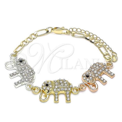 Pulsera Elegante 03.380.0129.07 Oro Laminado, Diseño de Elefante, con Blanca and Negro Cristal, Pulido, Tres Tonos (05 MM Thickness, 7 Inches Length)