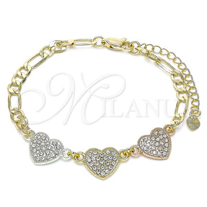 Pulsera Elegante 03.380.0130.07 Oro Laminado, Diseño de Corazón, con Blanca Cristal, Pulido, Tres Tonos (05 MM Thickness, 7 Inches Length)