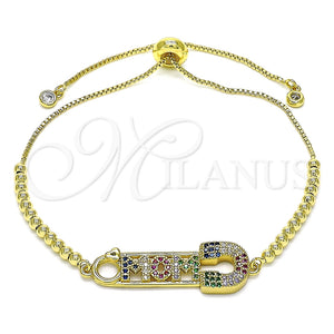 Pulsera Bolo Ajustable 03.341.0150.11 Oro Laminado, Diseño de Mama y Paperclip, con Multicolor Micro Pave, Pulido, Tono Dorado (01 MM Thickness, 11 Inches Length)