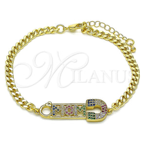 Pulsera Elegante 03.341.0151.08 Oro Laminado, Diseño de Mama y Paperclip, con Multicolor Micro Pave, Pulido, Tono Dorado (04 MM Thickness, 8 Inches Length)