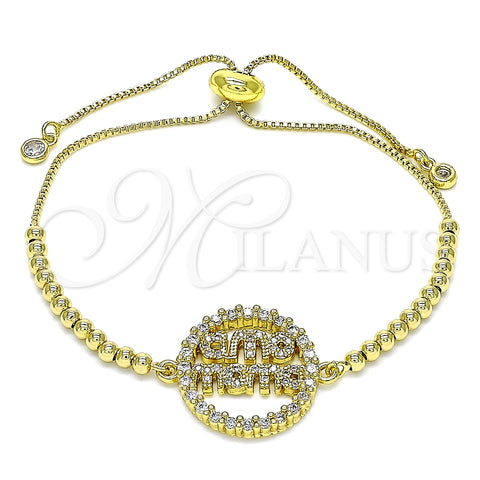 Pulsera Bolo Ajustable 03.341.0153.10 Oro Laminado, Diseño de Bola y Mama, con Blanca Micro Pave and Blanca Zirconia Cubica, Pulido, Tono Dorado (01 MM Thickness, 10 Inches Length)