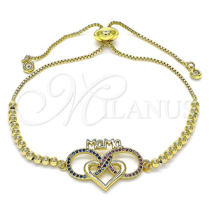 Pulsera Bolo Ajustable 03.341.0156.10 Oro Laminado, Diseño de Corazón y Infinito, con Micro Pave Rubi y Zafiro Azul, Pulido, Tono Dorado (Grosor 01 MM, 10 Pulgadas de Largo)