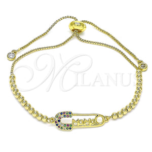 Pulsera Bolo Ajustable 03.341.0162.10 Oro Laminado, Diseño de Paperclip y Bola, con Multicolor Micro Pave, Pulido, Tono Dorado (01 MM Thickness, 10 Inches Length)
