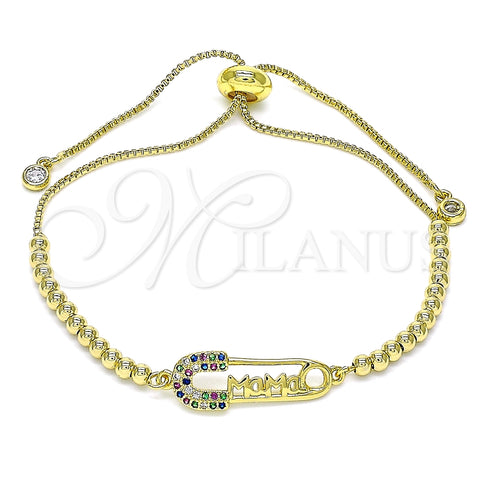 Pulsera Bolo Ajustable 03.341.0162.10 Oro Laminado, Diseño de Paperclip y Bola, con Multicolor Micro Pave, Pulido, Tono Dorado (01 MM Thickness, 10 Inches Length)