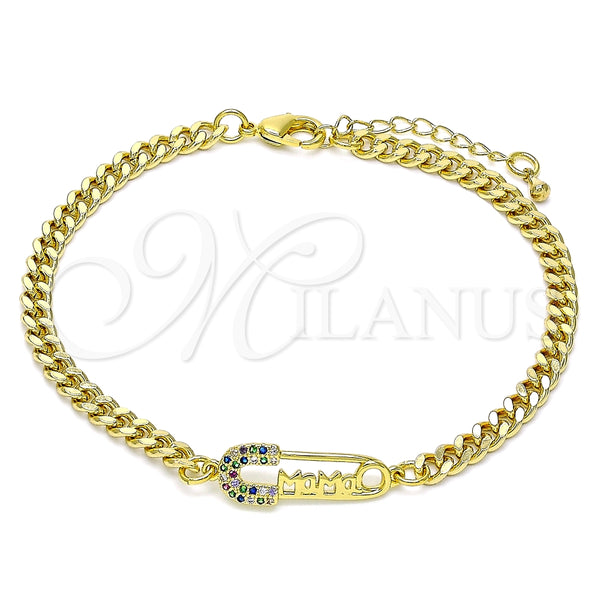 Pulsera Bolo Ajustable 03.341.0163.08 Oro Laminado, Diseño de Paperclip y Mama, con Multicolor Micro Pave, Pulido, Tono Dorado (04 MM Thickness, 8 Inches Length)