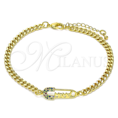Pulsera Bolo Ajustable 03.341.0163.08 Oro Laminado, Diseño de Paperclip y Mama, con Multicolor Micro Pave, Pulido, Tono Dorado (04 MM Thickness, 8 Inches Length)
