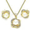 Juego de Arete y Dije de Adulto 10.156.0424 Oro Laminado, Diseño de Infinito y Torcido, con Micro Pave Blanca y Perla Marfil, Pulido, Tono Dorado