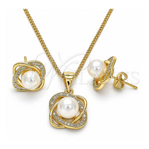 Juego de Arete y Dije de Adulto 10.156.0424 Oro Laminado, Diseño de Infinito y Torcido, con Micro Pave Blanca y Perla Marfil, Pulido, Tono Dorado