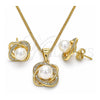 Juego de Arete y Dije de Adulto 10.156.0424 Oro Laminado, Diseño de Infinito y Torcido, con Micro Pave Blanca y Perla Marfil, Pulido, Tono Dorado