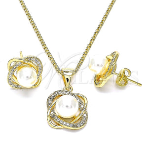Juego de Arete y Dije de Adulto 10.156.0424 Oro Laminado, Diseño de Infinito y Torcido, con Micro Pave Blanca y Perla Marfil, Pulido, Tono Dorado