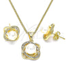 Juego de Arete y Dije de Adulto 10.156.0424 Oro Laminado, Diseño de Infinito y Torcido, con Micro Pave Blanca y Perla Marfil, Pulido, Tono Dorado