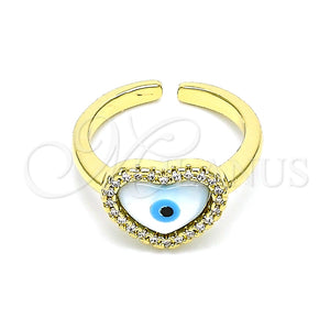 Anillo Multi Piedra 01.341.0064 Oro Laminado, Diseño de Ojo Griego y Corazón, con Blanca Micro Pave and Marfil Madre Perla, Pulido, Tono Dorado (One size fits all)