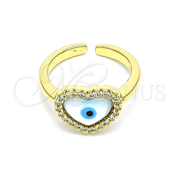 Anillo Multi Piedra 01.341.0064 Oro Laminado, Diseño de Ojo Griego y Corazón, con Blanca Micro Pave and Marfil Madre Perla, Pulido, Tono Dorado (One size fits all)