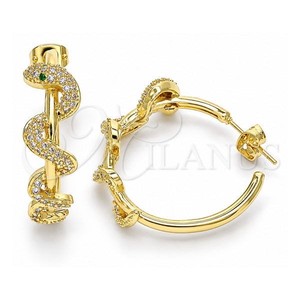 Arete Dormilona 02.341.0120 Oro Laminado, Diseño de Serpiente, con Micro Pave Blanca y Verde, Pulido, Tono Dorado