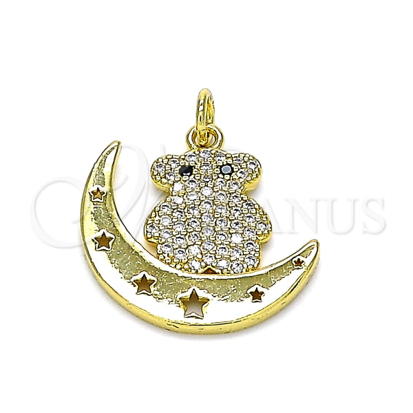 Dije Elegante 05.381.0004 Oro Laminado, Diseño de Osito y Luna, Diseño de Osito, con Micro Pave Blanca y Negro, Pulido, Dorado