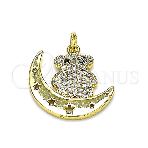 Dije Elegante 05.381.0004 Oro Laminado, Diseño de Osito y Luna, Diseño de Osito, con Micro Pave Blanca y Negro, Pulido, Dorado