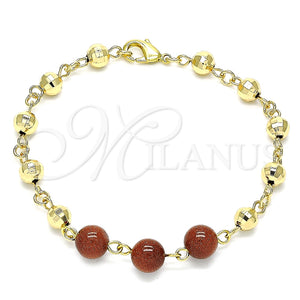 Pulsera Elegante 03.63.2224.3.08 Oro Laminado, Diseño de Bola, con Onix Negro Goldstone Venturina, Diamantado, Tono Dorado (06 MM Thickness, 8 Inches Length)