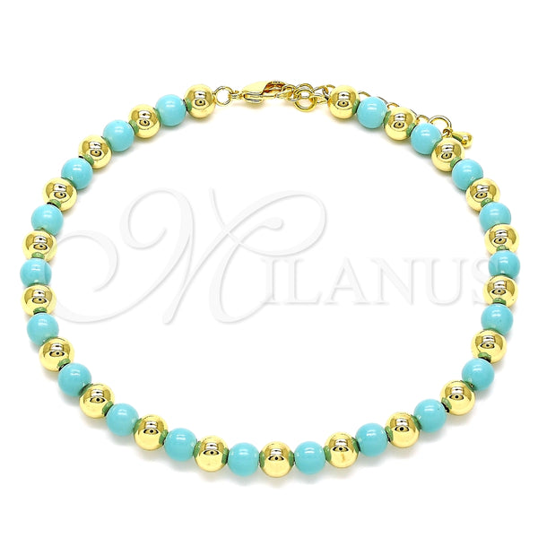 Tobillera Elegante 03.63.2228.1.10 Oro Laminado, Diseño de Bola, con Turquoise Perla, Pulido, Tono Dorado (06 MM Thickness, 10 Inches Length)
