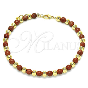 Tobillera Elegante 03.63.2228.3.10 Oro Laminado, Diseño de Bola, con Onix Negro Goldstone Venturina, Pulido, Tono Dorado (06 MM Thickness, 10 Inches Length)