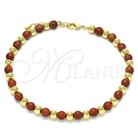 Tobillera Elegante 03.63.2228.3.10 Oro Laminado, Diseño de Bola, con Onix Negro Goldstone Venturina, Pulido, Tono Dorado (06 MM Thickness, 10 Inches Length)