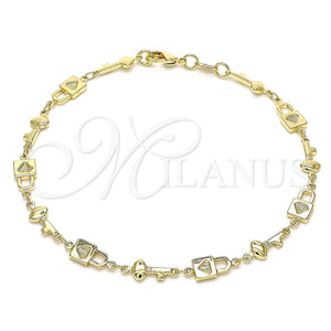 Tobillera Elegante 03.326.0021.10 Oro Laminado, Diseño de Candado y Llave, Pulido, Tono Dorado (08 MM Thickness, 10 Inches Length)