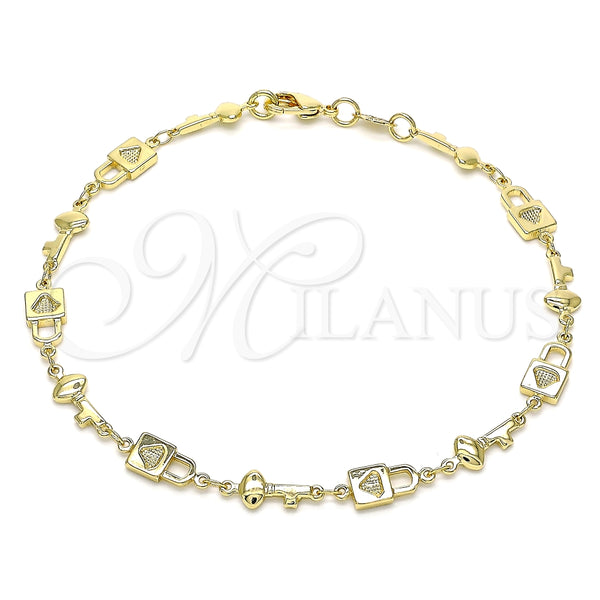 Tobillera Elegante 03.326.0021.10 Oro Laminado, Diseño de Candado y Llave, Pulido, Tono Dorado (08 MM Thickness, 10 Inches Length)