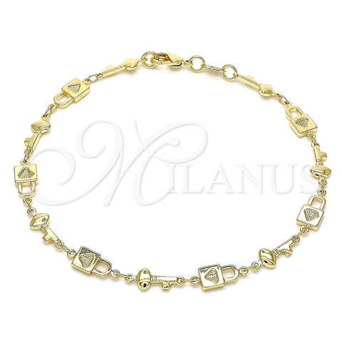 Tobillera Elegante 03.326.0021.10 Oro Laminado, Diseño de Candado y Llave, Pulido, Tono Dorado (08 MM Thickness, 10 Inches Length)