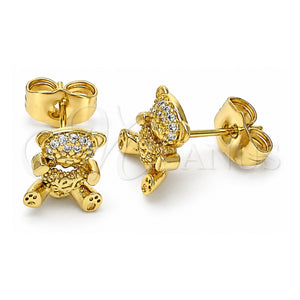 Arete Dormilona 02.310.0079 Oro Laminado, Diseño de Osito, con Micro Pave Blanca, Pulido, Tono Dorado