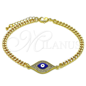 Pulsera Elegante 03.368.0076.08 Oro Laminado, Diseño de Ojo Griego, con Blanca Micro Pave, Esmaltado Azul, Tono Dorado (04 MM Thickness, 8 Inches Length)