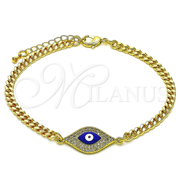 Pulsera Elegante 03.368.0076.08 Oro Laminado, Diseño de Ojo Griego, con Blanca Micro Pave, Esmaltado Azul, Tono Dorado (04 MM Thickness, 8 Inches Length)