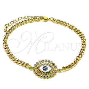 Pulsera Elegante 03.368.0081.08 Oro Laminado, Diseño de Ojo Griego, con Multicolor Micro Pave and Multicolor Zirconia Cubica, Esmaltado Blanco, Tono Dorado (04 MM Thickness, 8 Inches Length)