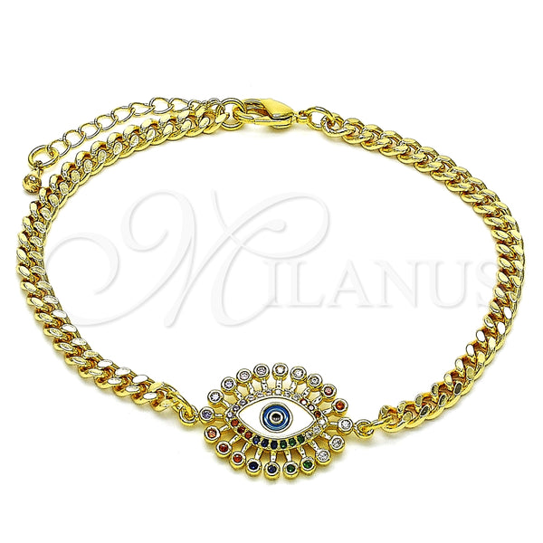 Pulsera Elegante 03.368.0081.08 Oro Laminado, Diseño de Ojo Griego, con Multicolor Micro Pave and Multicolor Zirconia Cubica, Esmaltado Blanco, Tono Dorado (04 MM Thickness, 8 Inches Length)