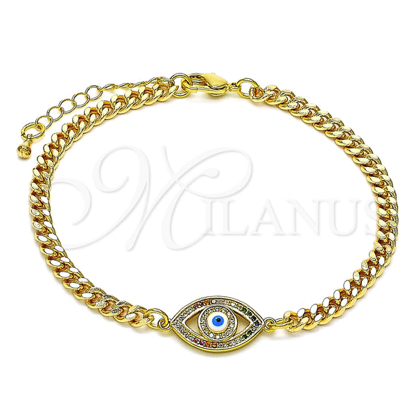 Pulsera Elegante 03.368.0084.1.08 Oro Laminado, Diseño de Ojo Griego, con Multicolor Micro Pave, Esmaltado Blanco, Tono Dorado (04 MM Thickness, 8 Inches Length)
