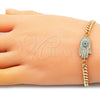 Pulsera Elegante 03.368.0085.08 Oro Laminado, Diseño de Manos y Ojo Griego, con Multicolor Micro Pave, Pulido, Tono Dorado (04 MM Thickness, 8 Inches Length)