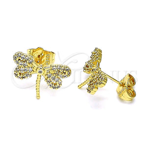Arete Dormilona 02.156.0640 Oro Laminado, Diseño de Libélula, con Blanca Micro Pave and Blanca Zirconia Cubica, Pulido, Tono Dorado