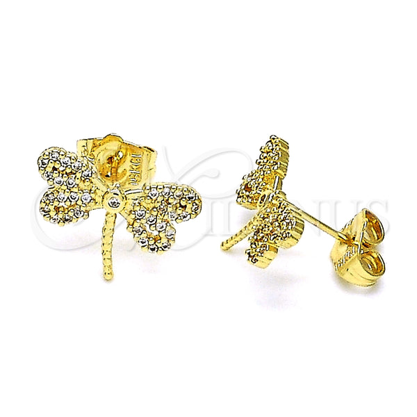 Arete Dormilona 02.156.0640 Oro Laminado, Diseño de Libélula, con Blanca Micro Pave and Blanca Zirconia Cubica, Pulido, Tono Dorado