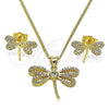 Juego de Arete y Dije de Adulto 10.156.0433 Oro Laminado, Diseño de Libélula, con Micro Pave Blanca y Zirconia Cubica Blanca, Pulido, Tono Dorado