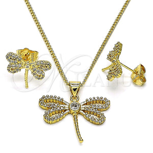 Juego de Arete y Dije de Adulto 10.156.0433 Oro Laminado, Diseño de Libélula, con Blanca Micro Pave and Blanca Zirconia Cubica, Pulido, Tono Dorado