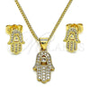 Juego de Arete y Dije de Adulto 10.156.0438 Oro Laminado, Diseño de Mano de Dios y Judaica, con Micro Pave Blanca y Zirconia Cubica Blanca, Pulido, Tono Dorado