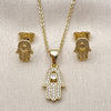 Juego de Arete y Dije de Adulto 10.156.0438 Oro Laminado, Diseño de Mano de Dios, con Blanca Micro Pave and Blanca Zirconia Cubica, Pulido, Tono Dorado